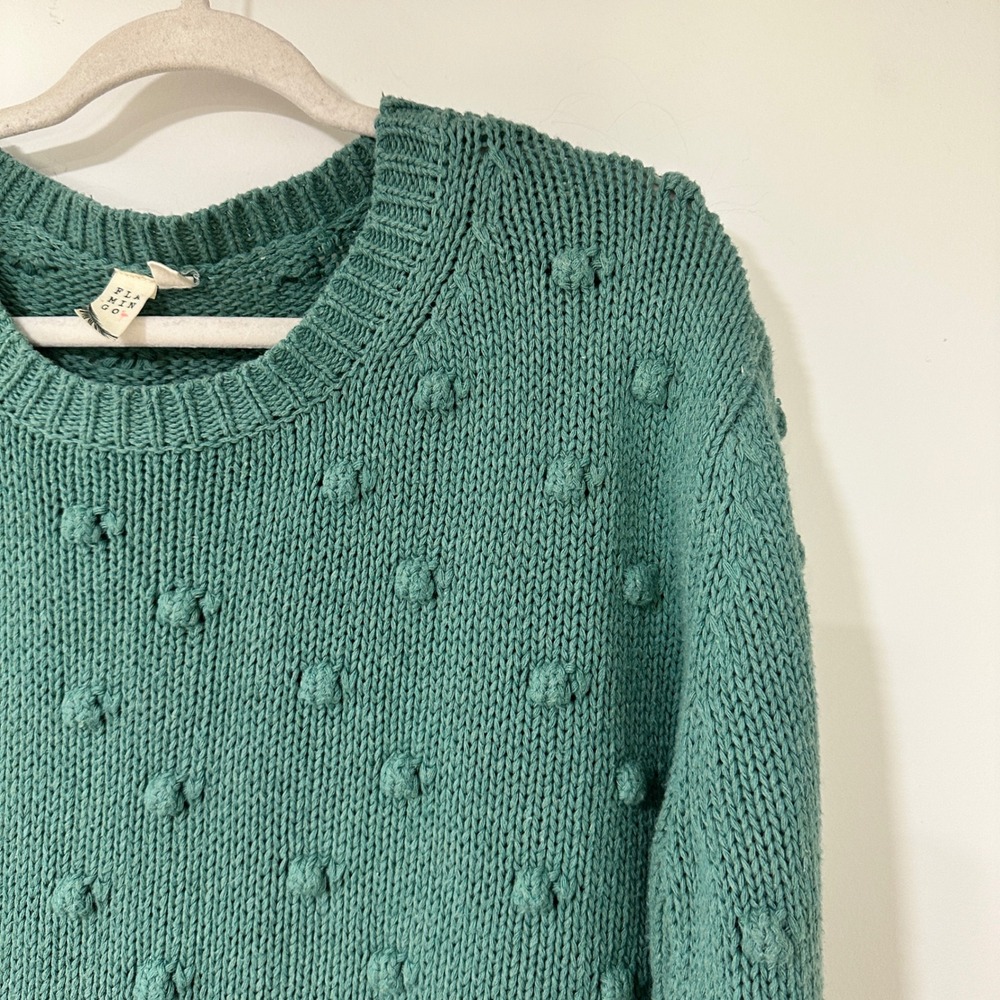 Flamingo Teal Green Popcorn Bobble Pom Pom Chunky Knit Sweater Womens L Crewneck